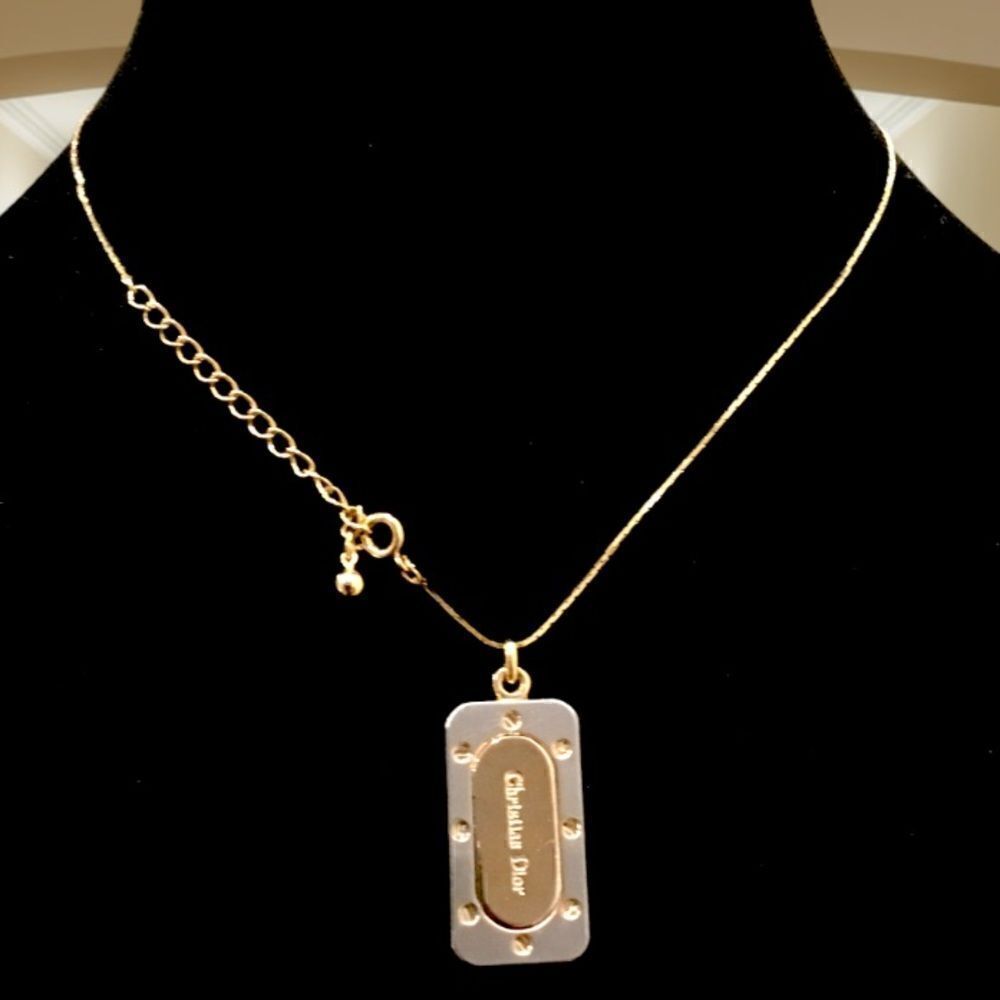 CHRISTIAN DIOR VINTAGE TWO TONE DOG TAG PENDANT NECKLACE - Picture 2 of 4